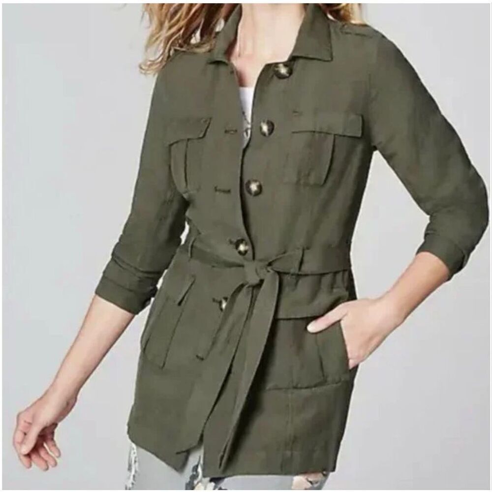 J JILL Womens Utility Jacket M Olive Green Linen Blend‎ Belted Pockets Safari